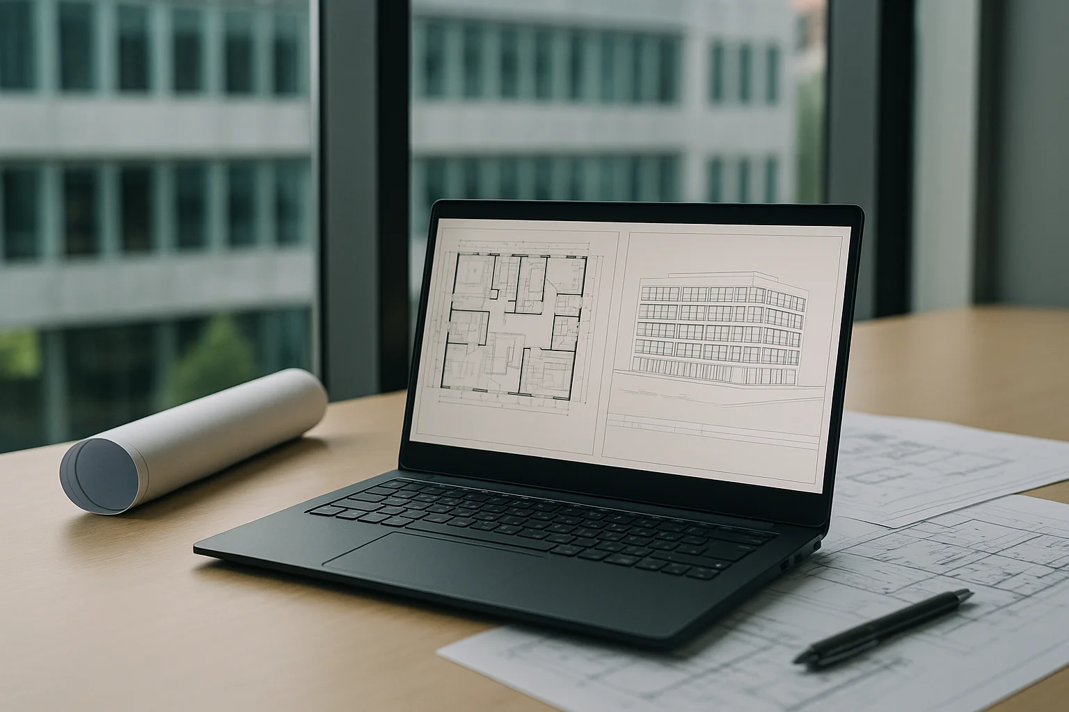 Laptop mit digitalen Bauplänen – Rems‑Murr‑Kreis