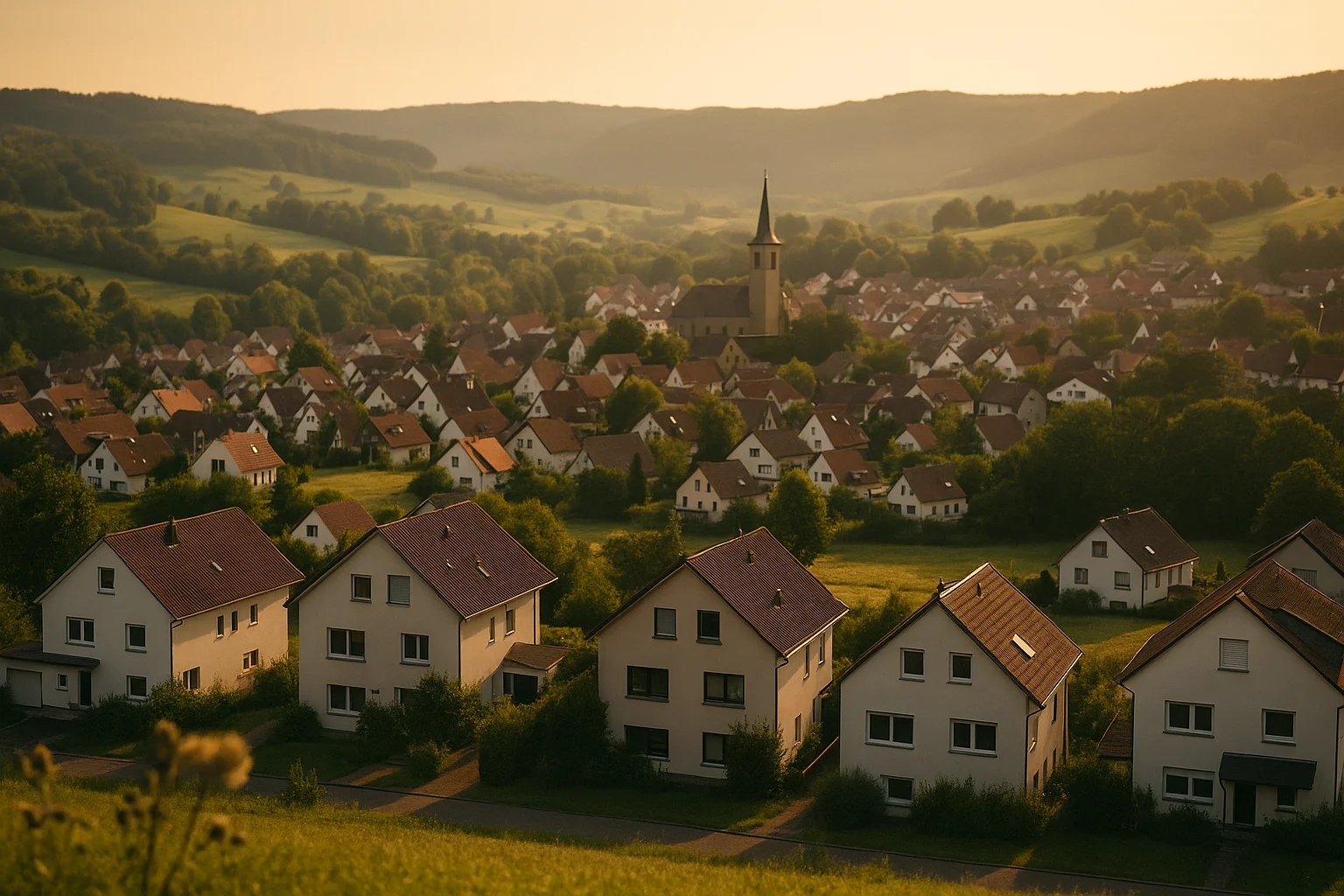 Wohnquartier im Rems‑Murr‑Kreis bei Abendlicht
