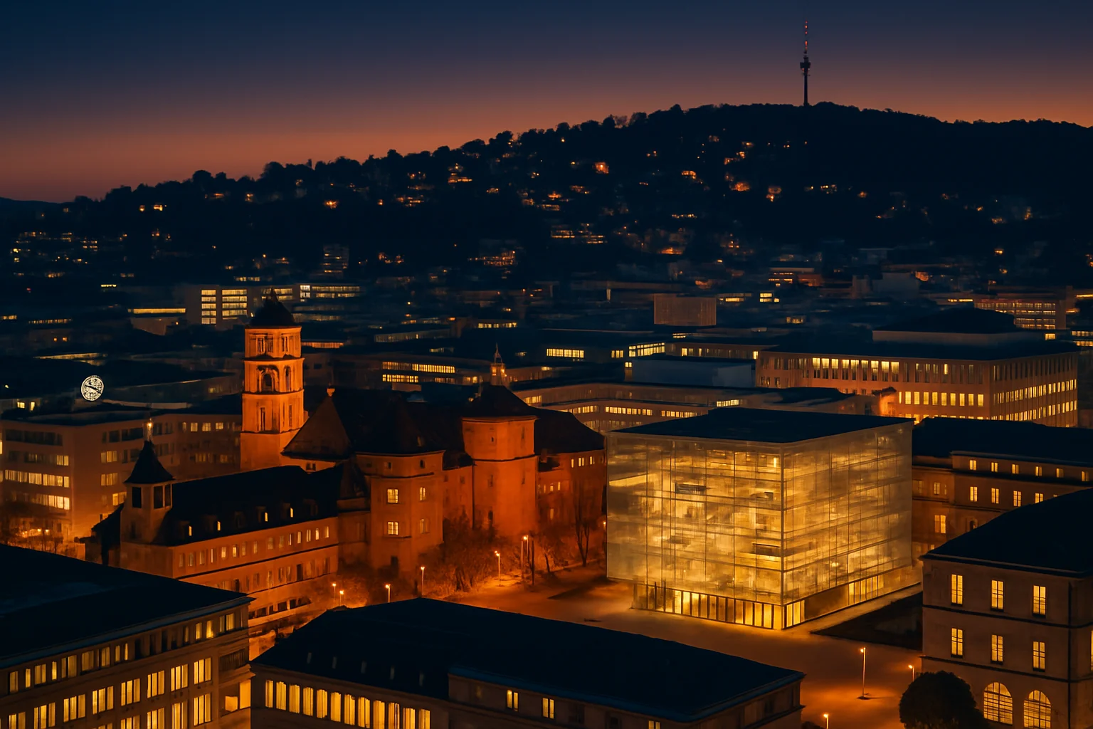 Stadtblick Stuttgart bei Dämmerung – Symbol Smart City